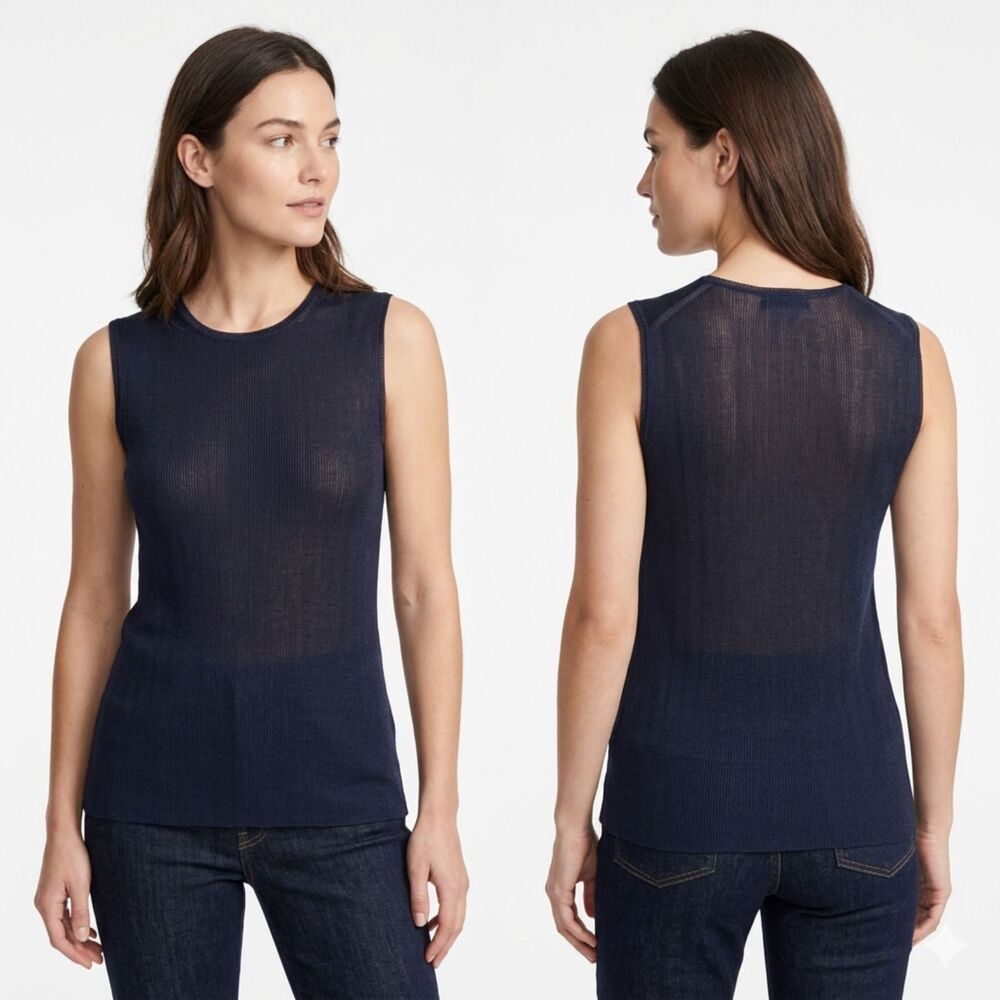Brooks Brothers 100% Silk Ribbed Knit Sleeveless Tank Top Navy Blue Size S